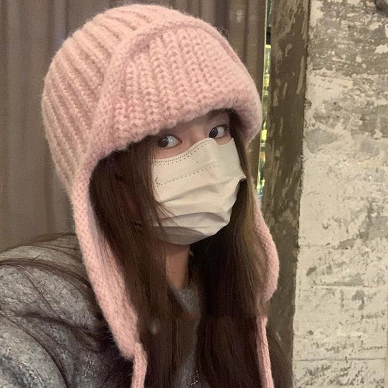 Защитная вязаная шапка для ушей, зимняя теплая, морозостойкая, летная шапка, однотонная шерстяная вязаная шапочка, корейская женская шапочка