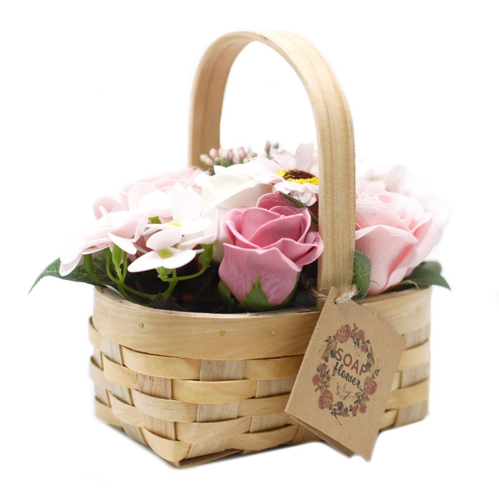 Soap Flowers Bouquet Medium Pink Wicker Basket