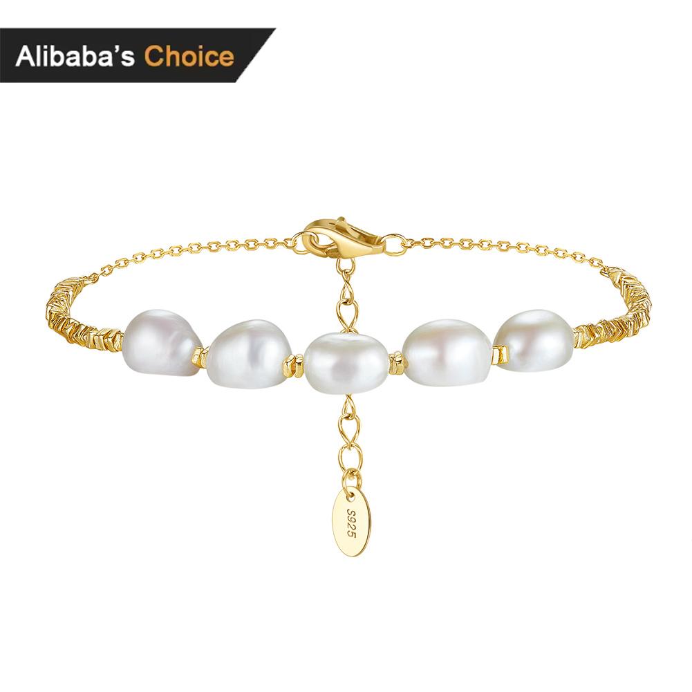 Cultured Freshwater Baroque Style Pearl with Broken Silver Charm 925 Sterling Silver Bracelet for Women