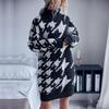 Повседневное модное и элегантное осенне-зимнее женское платье-свитер с высоким воротом и длинными рукавами с принтом «птичий глаз»