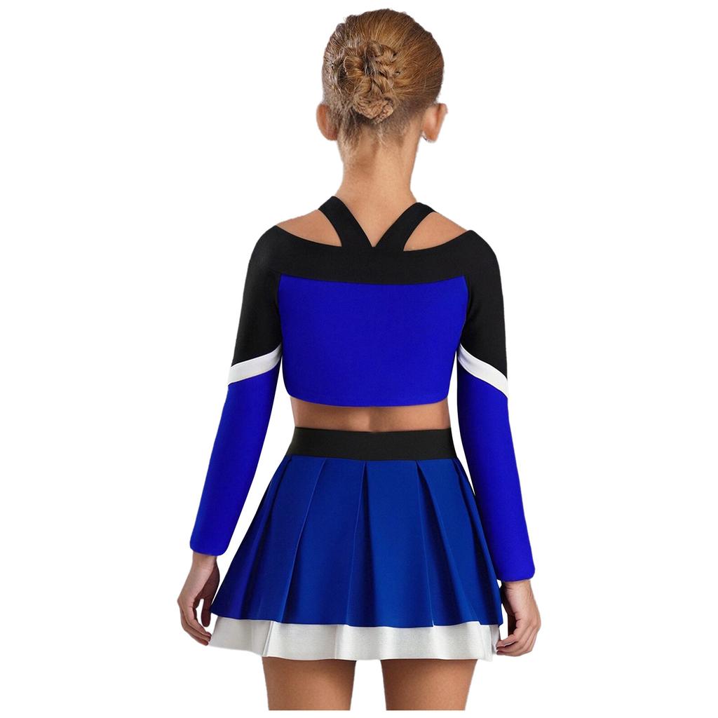 Girls Cheerleading Outfit Long Sleeve Letter Print Color Block Crop Top Pleated Skirt Set
