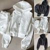2 Pcs/Set Women Hoodie Shorts Suit Hooded Zip-up Long Sleeves Solid Color Short Coat Elastic High Waist Trousers Sport Fall Winter Tracksuit