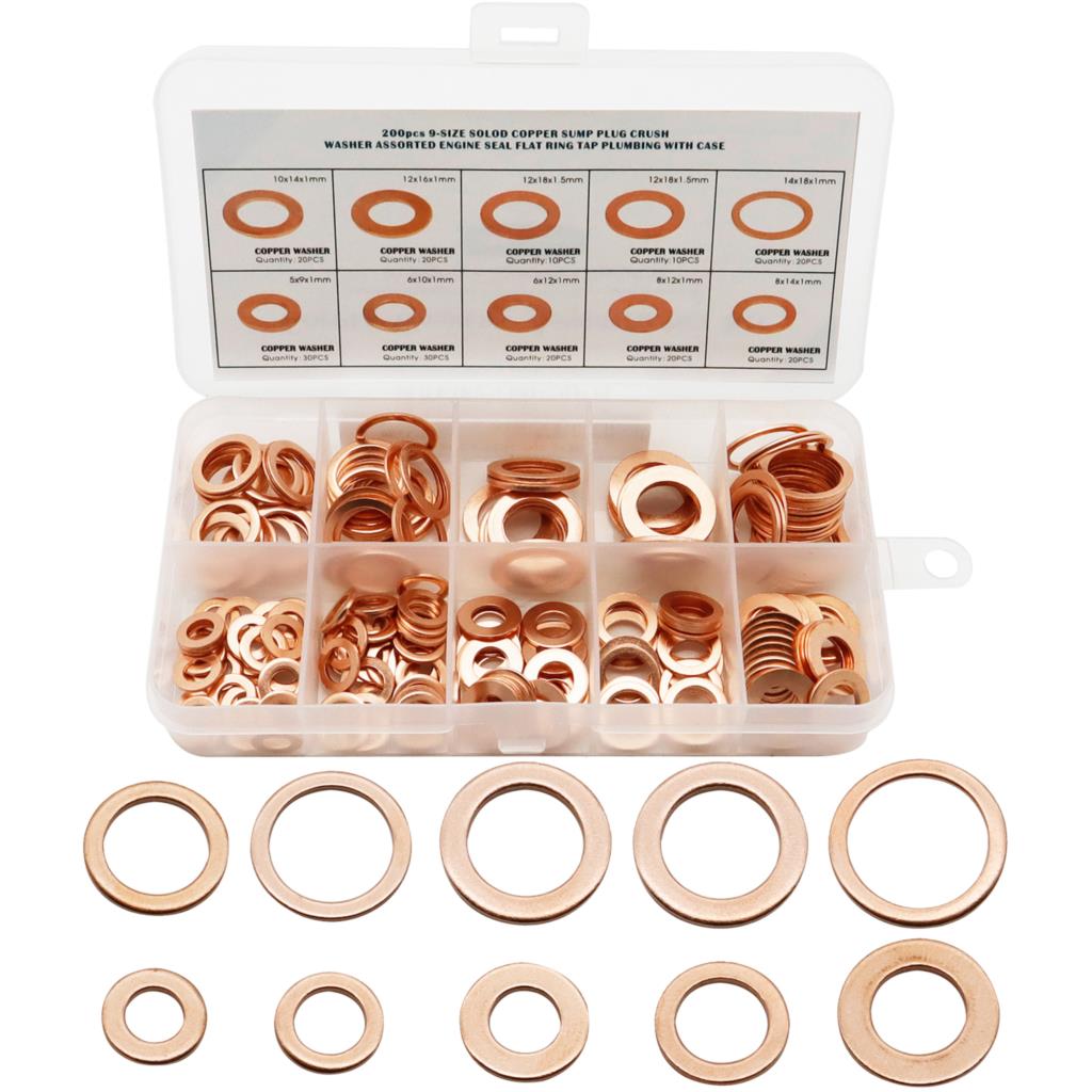 200 Pcs Copper Sealing Solid Gasket Washer Sump Plug Oil For Boat Crush Flat Seal Ring Tool Hardware M5/M6/M8/M10/M12/M14 Pack