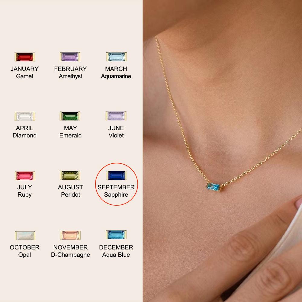 Hot Sale Bijoux Minimalist Baguette square Birthstone Necklace 925 Sterling Silver Gold Plated Zircon Necklace Jewelry