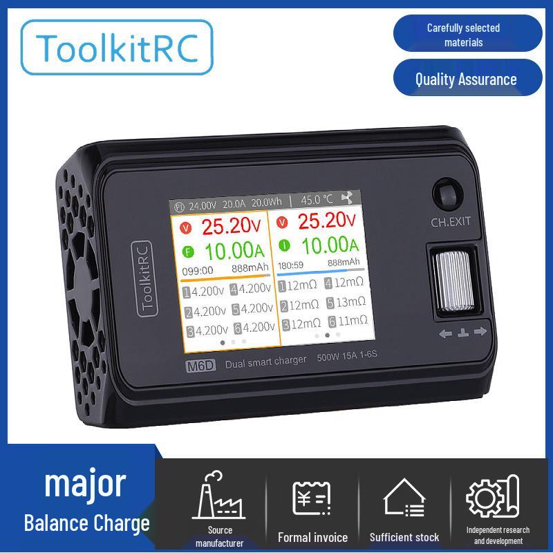 ToolkitRC M6D 500W 15A Dual Channel Balance Charger for 1-6S Model Cars, Airplanes, and Drones