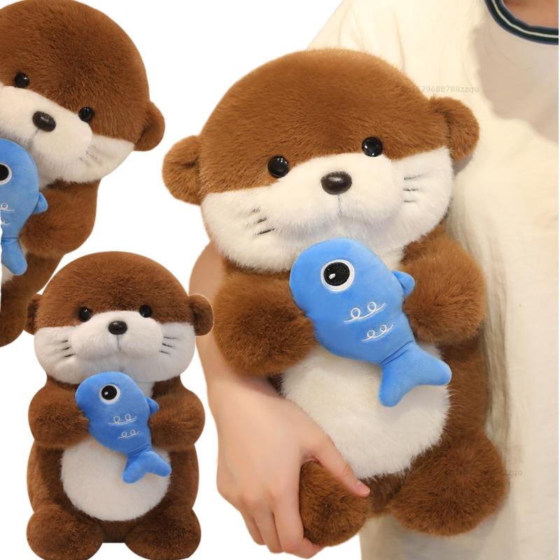 Kawaii  Otters Hold Fish Animals Plush Toys Soft Dolls Comfortable Fabric Office Soft  Pillow Cartoon Dolls Girls Birthday Gifts