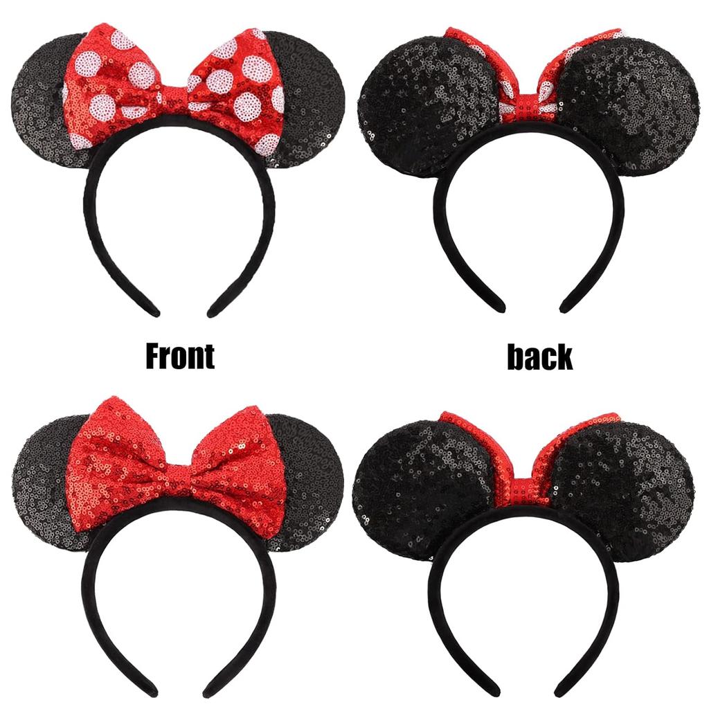 Shiny Sequin Mouse Ear Headbands, 2 PCS Classic Bow Headbands for Adult Women and Girls (Red Sequin & Red Dot)