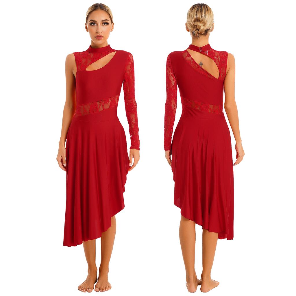 Женский танцевальный костюм, прозрачное кружевное лоскутное платье с вырезом на одно плечо, с длинным рукавом, платья с разрезом по бокам