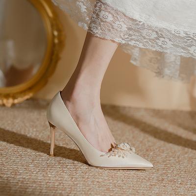 Атласные туфли на высоком каблуке для невесты, модные туфли для подружек невесты, универсальные французские свадебные туфли на шпильках, не уставшие, со стразами, одиночные туфли для женщин