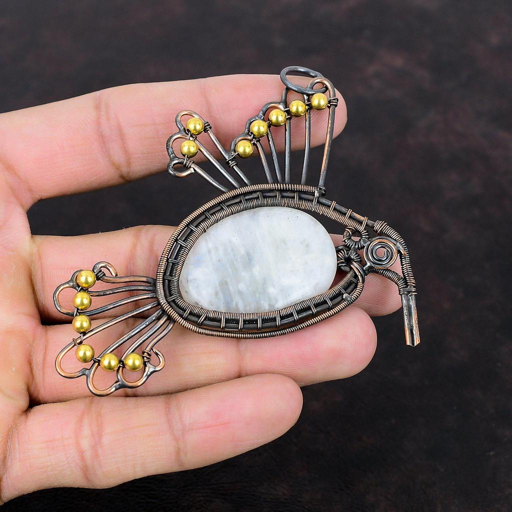 Радужный кулон с лунным камнем, медная проволока, кулон с драгоценным камнем, медные украшения, кулон ручной работы в стиле бохо, ювелирные изделия в виде птиц для подарка, кулон с камнем