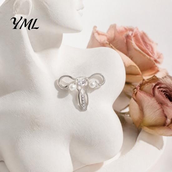 Human Organ Lapel Pin Uterus Brooch with Rhinestone Faux Pearl, Pin, Golden Tone Hollow Shaped Jewelry for Coats Sweaters Scarves Alloy