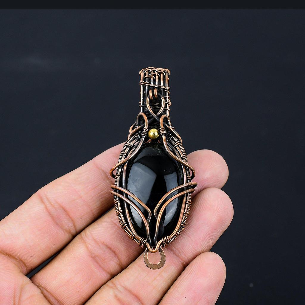 Black Onyx Gemstone Pure Copper Wire Wrapped Handmade Pendant Jewelry For Gift