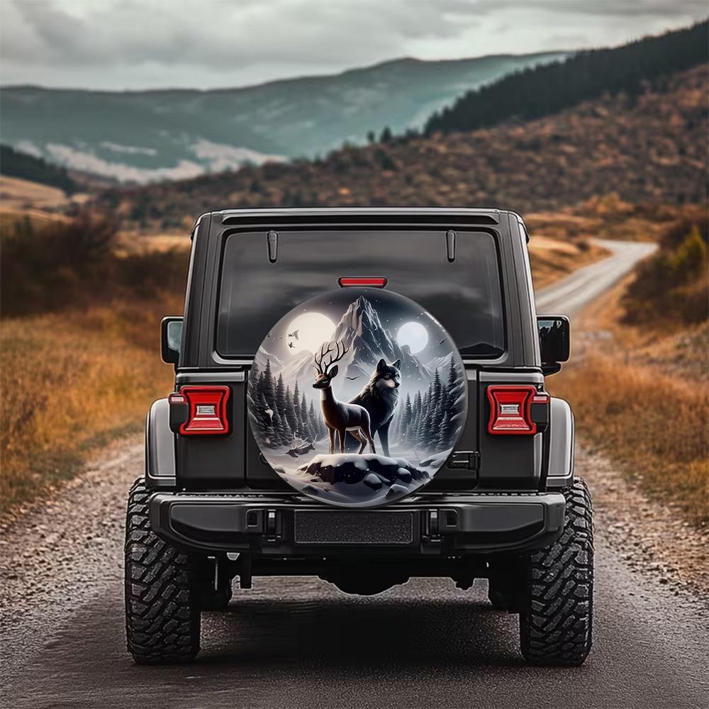 Dreamy Forest Animal Print Car Tire Cover, Stylish Universal Wheel Hub Protector, Spare Tire Cover, Featuring Deer And Wolves In