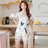 Летний женский пижамный комплект с принтом, мягкий, большого размера 3XL 4XL, пижама, ночное белье, рубашка с коротким рукавом и брюки, шелковая ткань, домашняя одежда