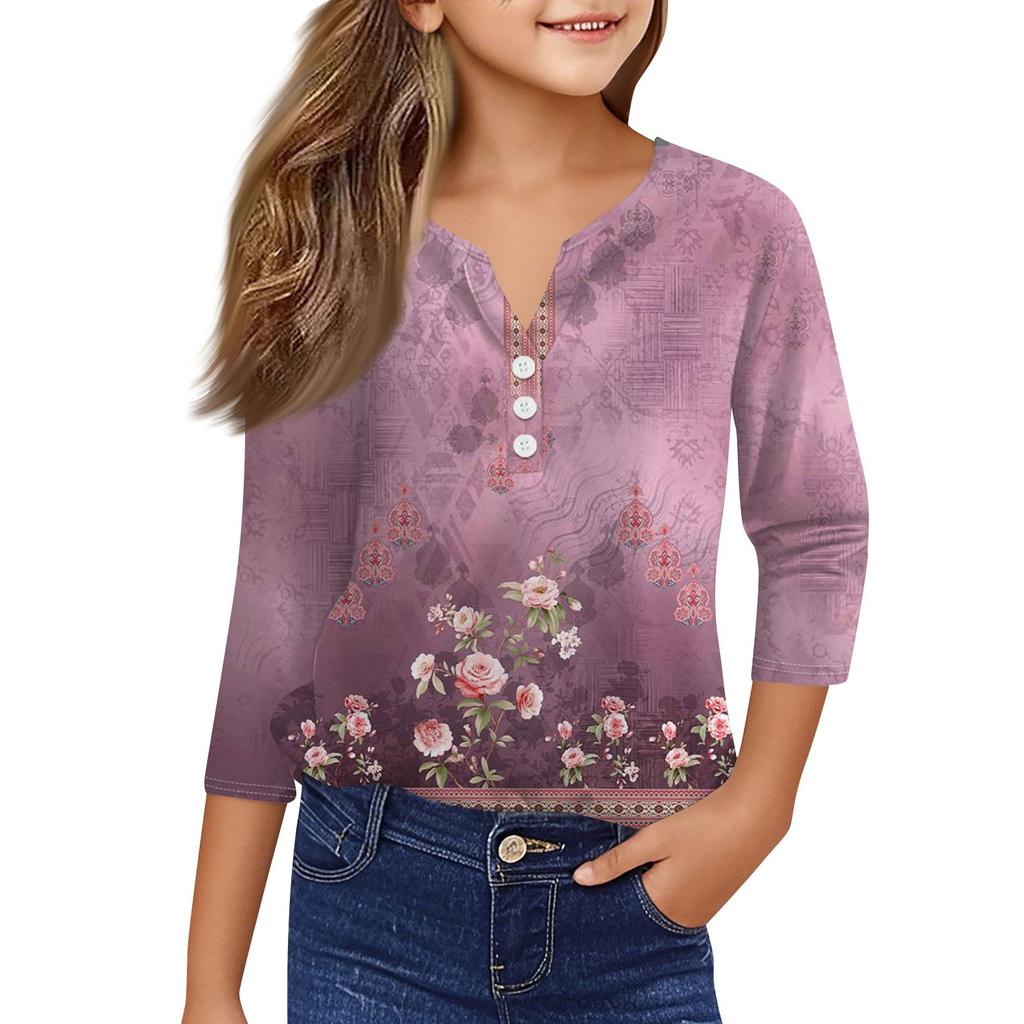 Повседневные модные топы для девочек с принтом, футболка с семью рукавами и пуговицами