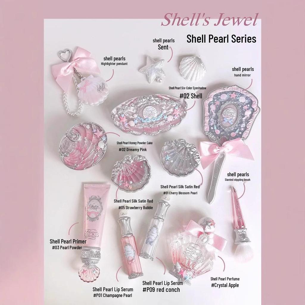 Flower Knows Pearl Satin Blush, Lip Glaze, Eyeshadow, Highlighter, Under-eye Pen, Perfume, Color Correcting Emulsion.