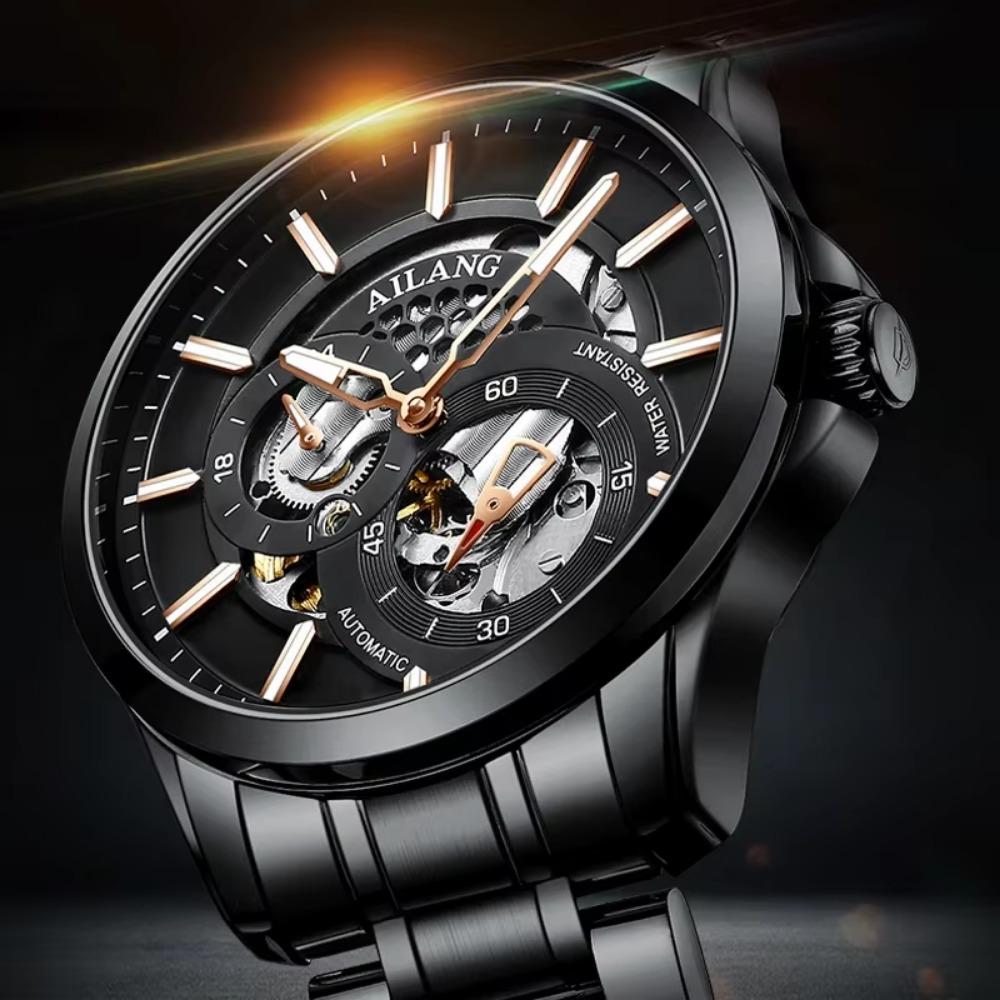 AILANG Men Automatic Mechanical Wristwatch Hollow Skeleton Dial Stainless Steel Band Business Sport Male Watch