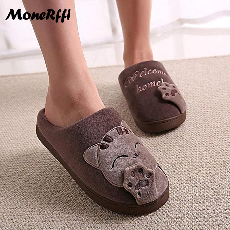 Парные зимние домашние тапочки, женская обувь, милые тапочки с рисунком кота, мужские теплые плюшевые шлепанцы, домашние нескользящие тапочки для спальни