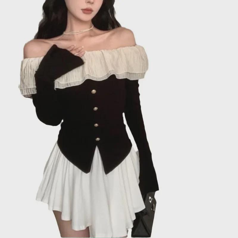 Осень 2024 г. Французский облегающий топ с открытыми плечами и оборками для женщин