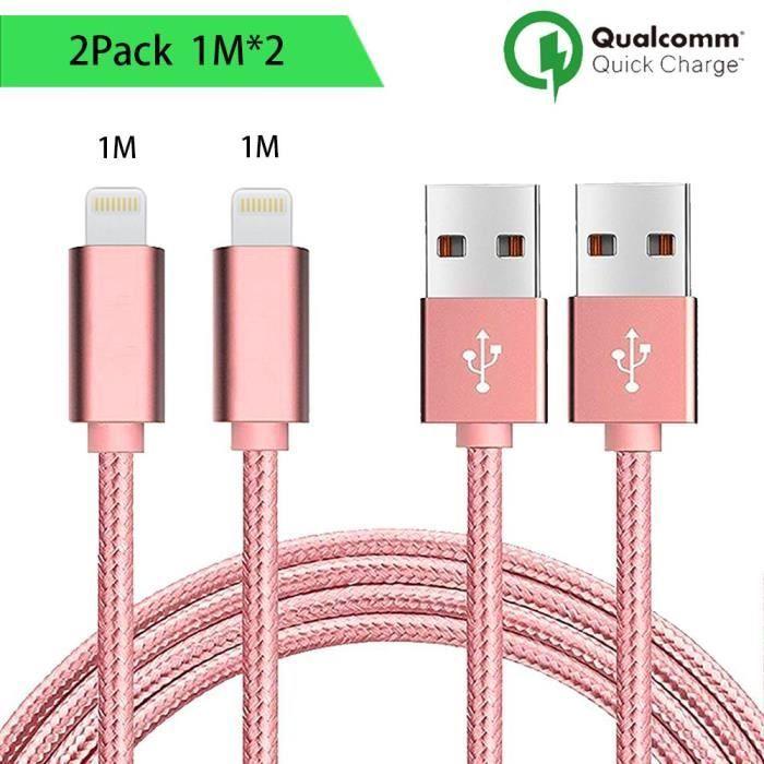 Câble USB - E.F.CONNECTION - Lot de 2 - 1M - Nylon - Rose