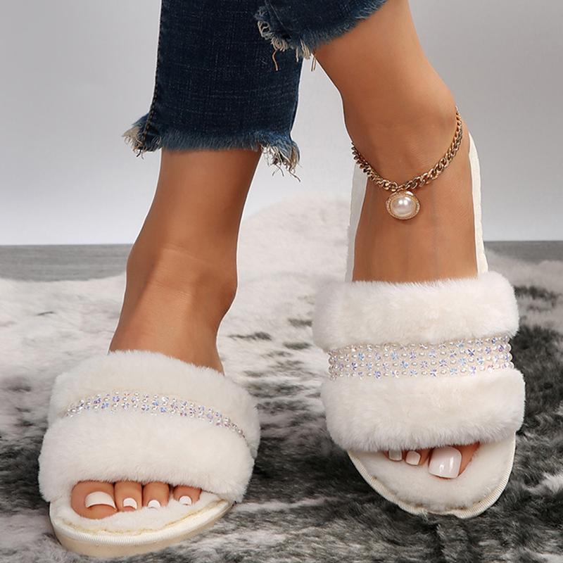 Fashion Fashion Pearl Fluffy Fur Slides for Woman Luxury Rhinestone Decor Indoor Home Slippers Women Open Toe Plush Warm Winter Slippers