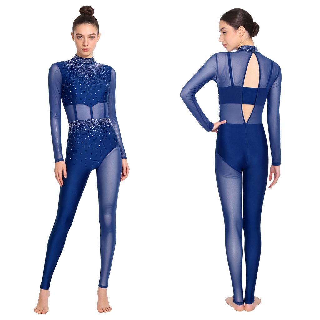 Блестящий комбинезон с полным покрытием для сцены S-XXL: Женская одежда для выступлений с прозрачными сетчатыми вставками и деталью на спине