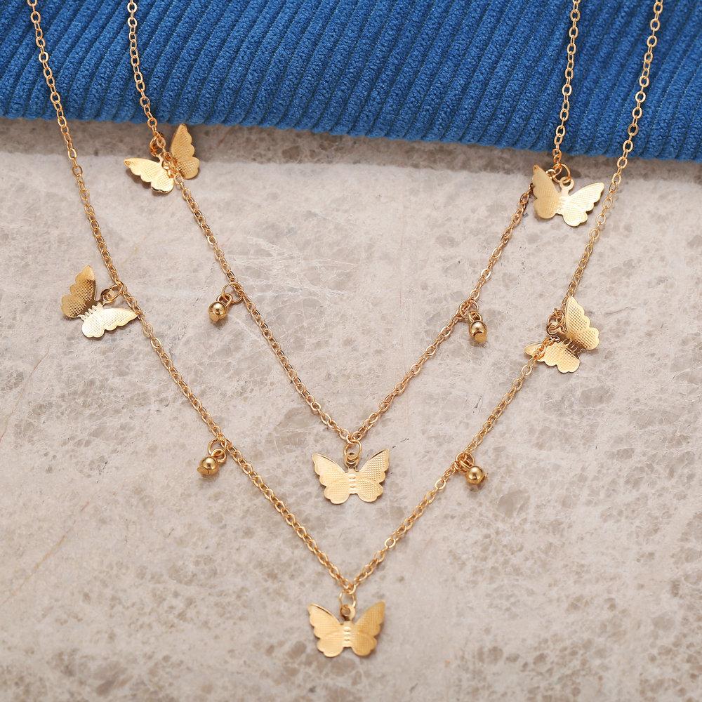 C102 Ins Minimalist Style Personality Double Layer Butterfly Necklace Butterfly Pendant Multi-layer Necklace