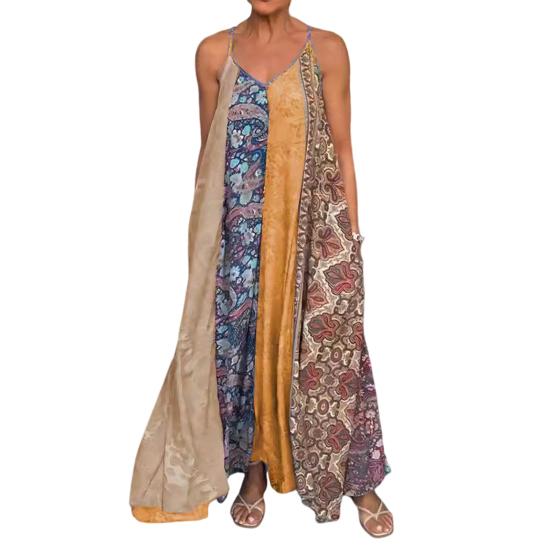 Летнее платье-комбинация с открытой спиной и без рукавов, свободный размер, трапециевидной формы, соответствующего цвета, плюс богемный принт, V-образный вырез, отпуск