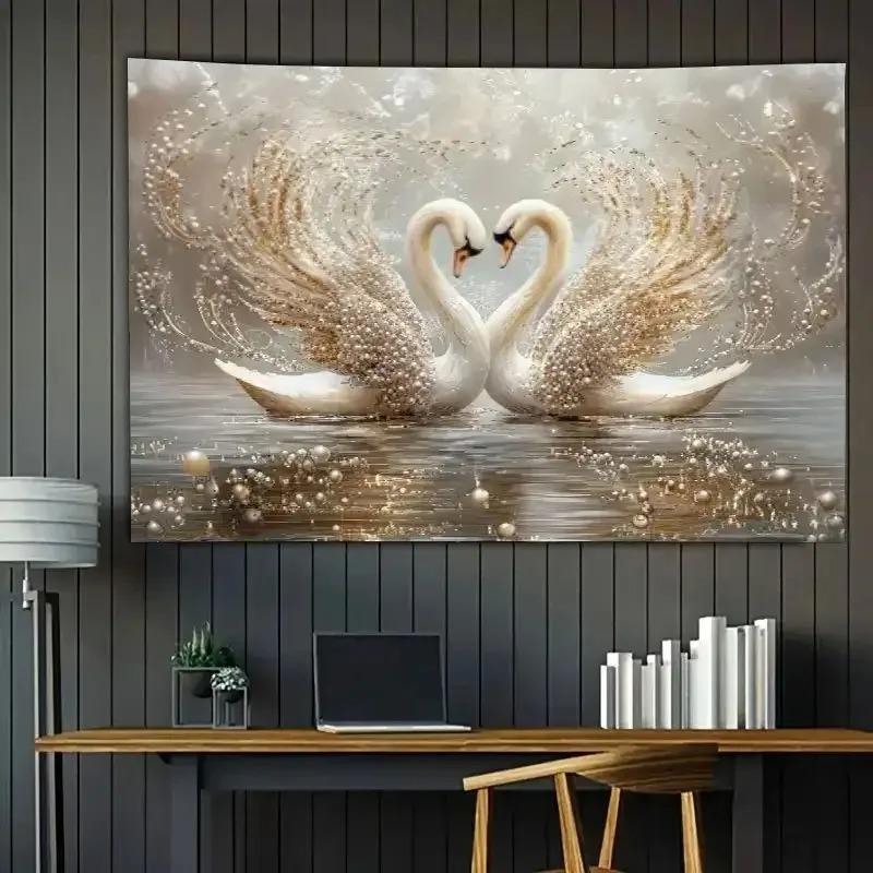 1 Cisne Encantador - Elegantes Cisnes Blancos con Alas Doradas, Arte Pared con Escena Acuática Serena, Tela Polié