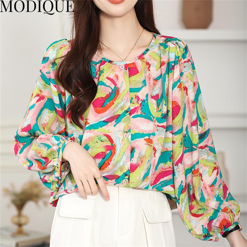 MODIQUE весна лето большие размеры женские свободные повседневные элегантные хлопковые льняные шифоновые блузки с цветочным принтом рубашки женские базовые с круглым вырезом пальто с пышными рукавами