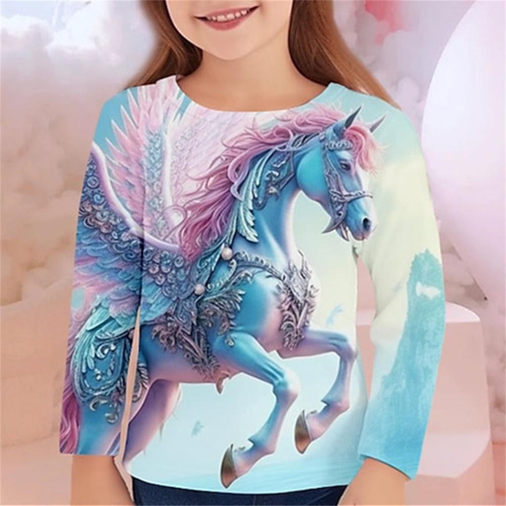 Одежда для девочек Футболки с рисунком лошади Детский топ с длинным рукавом 2024 года Летняя детская футболка для девочек Детская одежда Футболки для девочек
