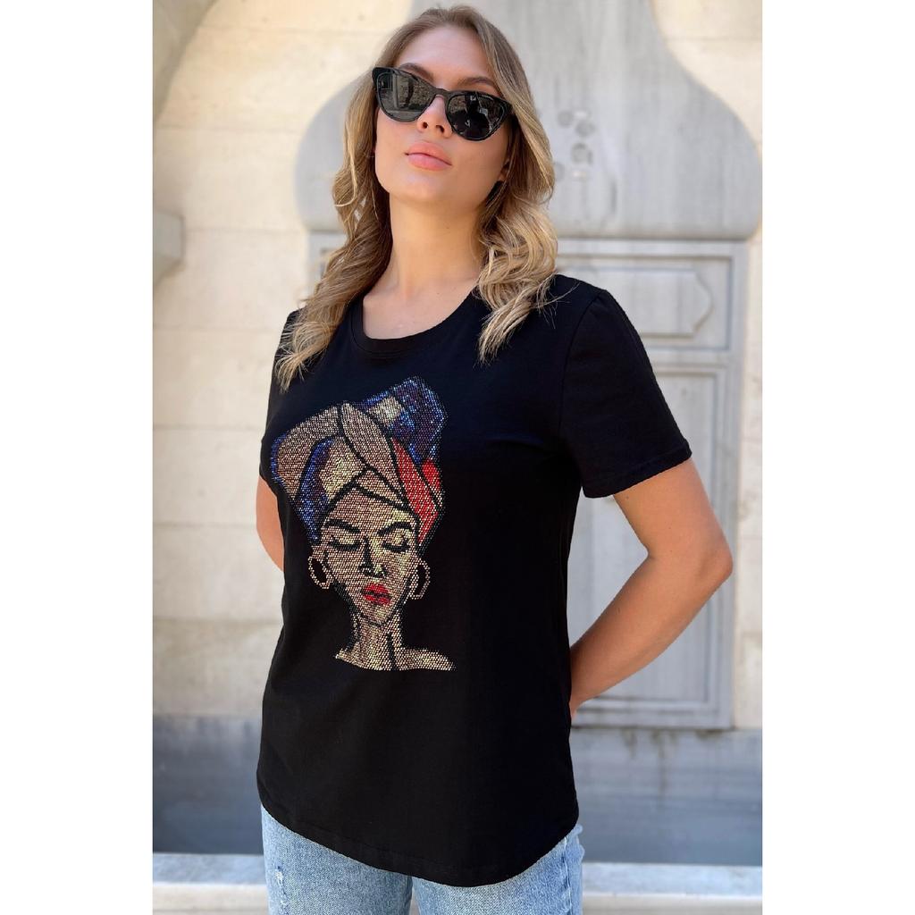 Черная женская футболка размера плюс с круглым вырезом Crystal Stone из 100% хлопка с короткими рукавами