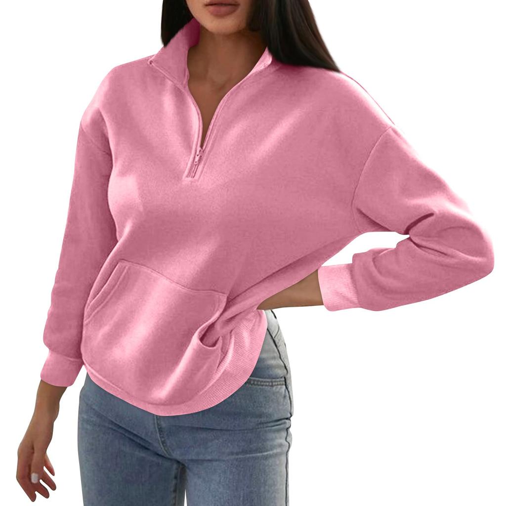 Women's Fashion Autumn And Winter Solid Colour Zipper Pocket Standing Collar Casual Sweatshirt