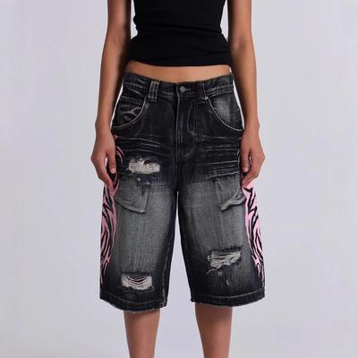 Готические винтажные джинсы-багги с принтом, женские уличные хип-хоп джинсы с эффектом стирки и состаривания, с высокой посадкой, женская одежда, широкие брюки, джинсовые шорты