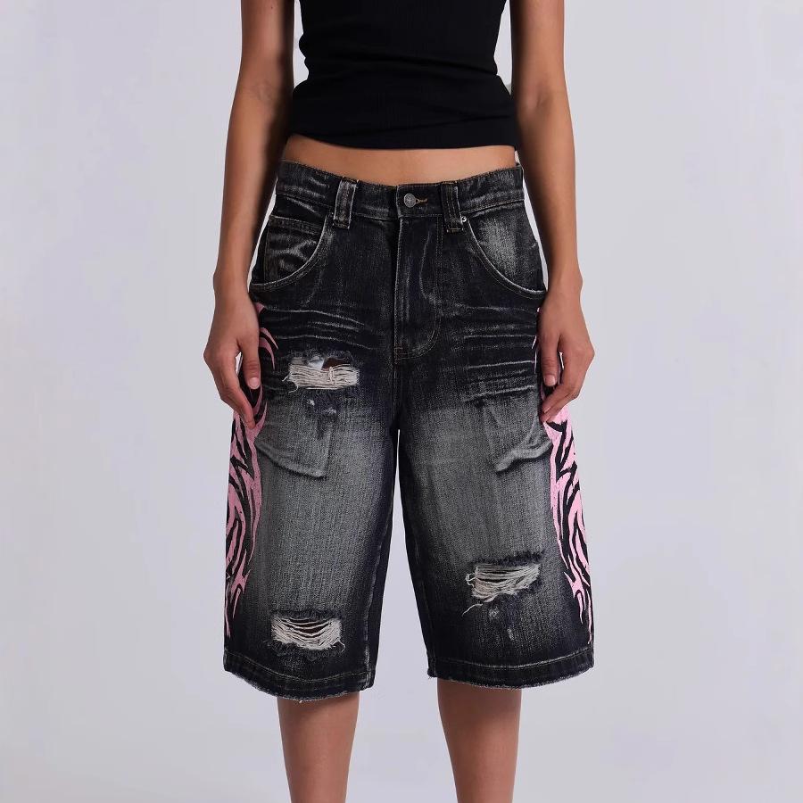 Goth Vintage Print Baggy Jeans Women Street Hip Hop Washing Old High Waisted Jeans Woman Clothing Wide-leg Pants Jean Shorts