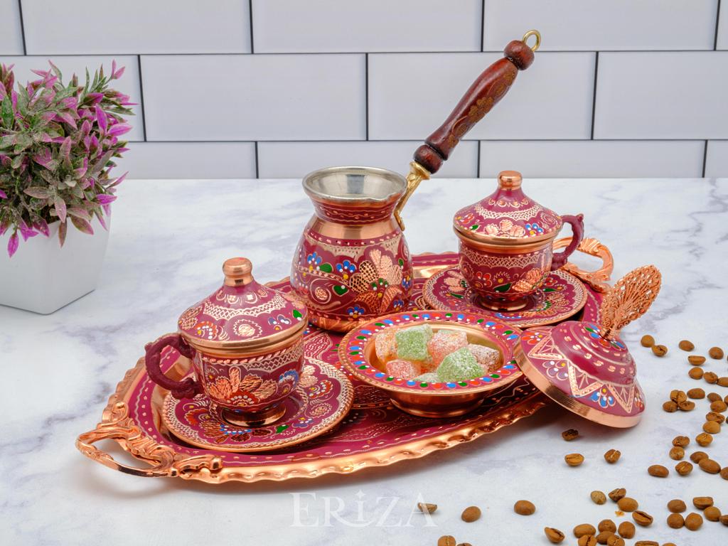 Турецкий медный кофейный сервиз с кофейником на 2 или 6 персон