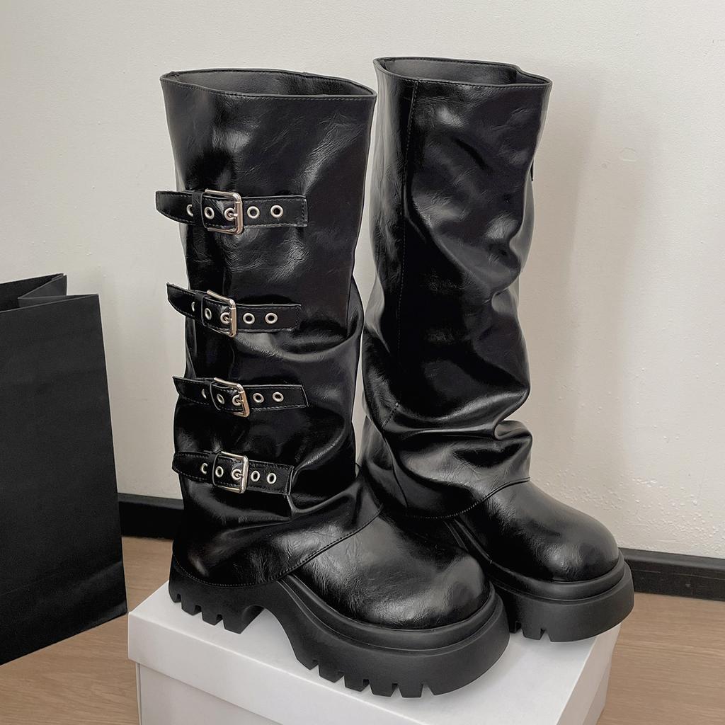 Женские сапоги до колена на платформе с толстым каблуком Тренд Панк Готика Новый Рок Кожаная модная женская обувь Мотоциклетная обувь