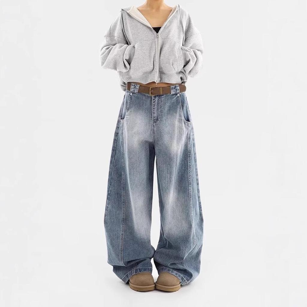 Retro Washed Distressed Loose Fit Jeans - Women's Autumn/Winter Curved Straight Leg Wide Pants