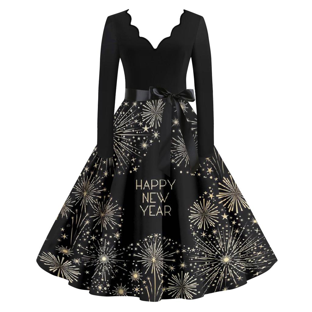 Женское повседневное модное платье винтажного стиля с V-образным вырезом и новогодним принтом