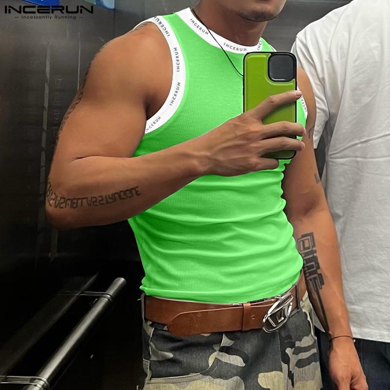 INCERUN Летние мужские спортивные майки без рукавов с принтом букв и спиной-борцовкой в рубчик, футболки