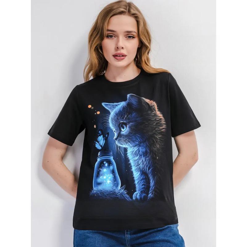 Летний топ с круглым вырезом и принтом 3D Cat, модные повседневные женские футболки с короткими рукавами