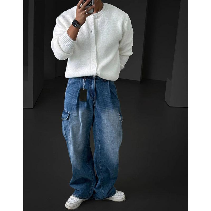 Мужской мягкий пушистый белый вязаный кардиган - Корейский стиль, Удобный и теплый, Круглый вырез, Свободный крой