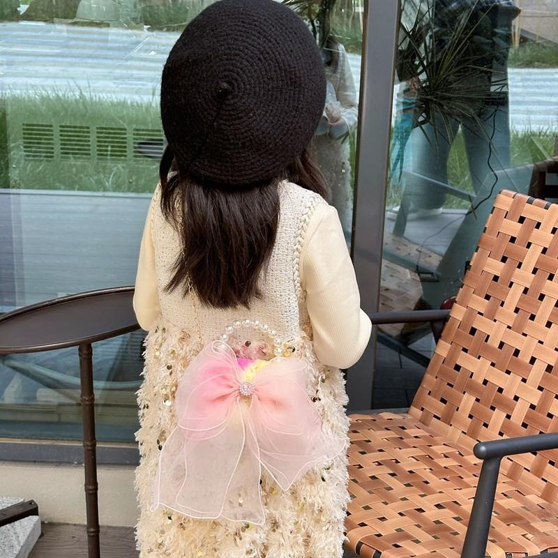 Trendy Lovely And Pearl Handle Bowknot Handbag For Kids In Soft Pink Color Everyday For