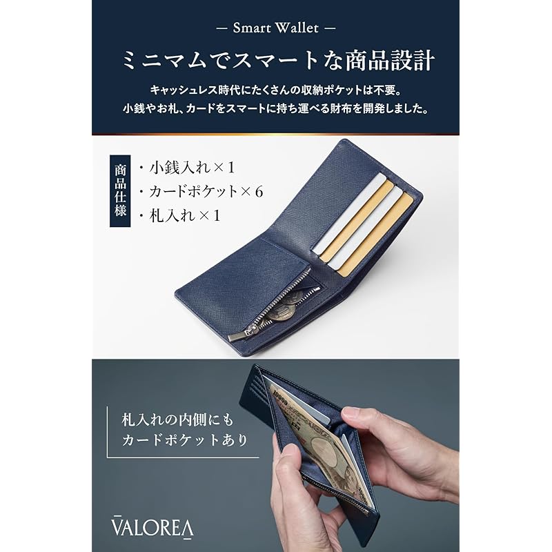 [VALOREA] bifold wallet men's lightweight Thin [Smart design for easy removal] genuine leather compact (Navy)