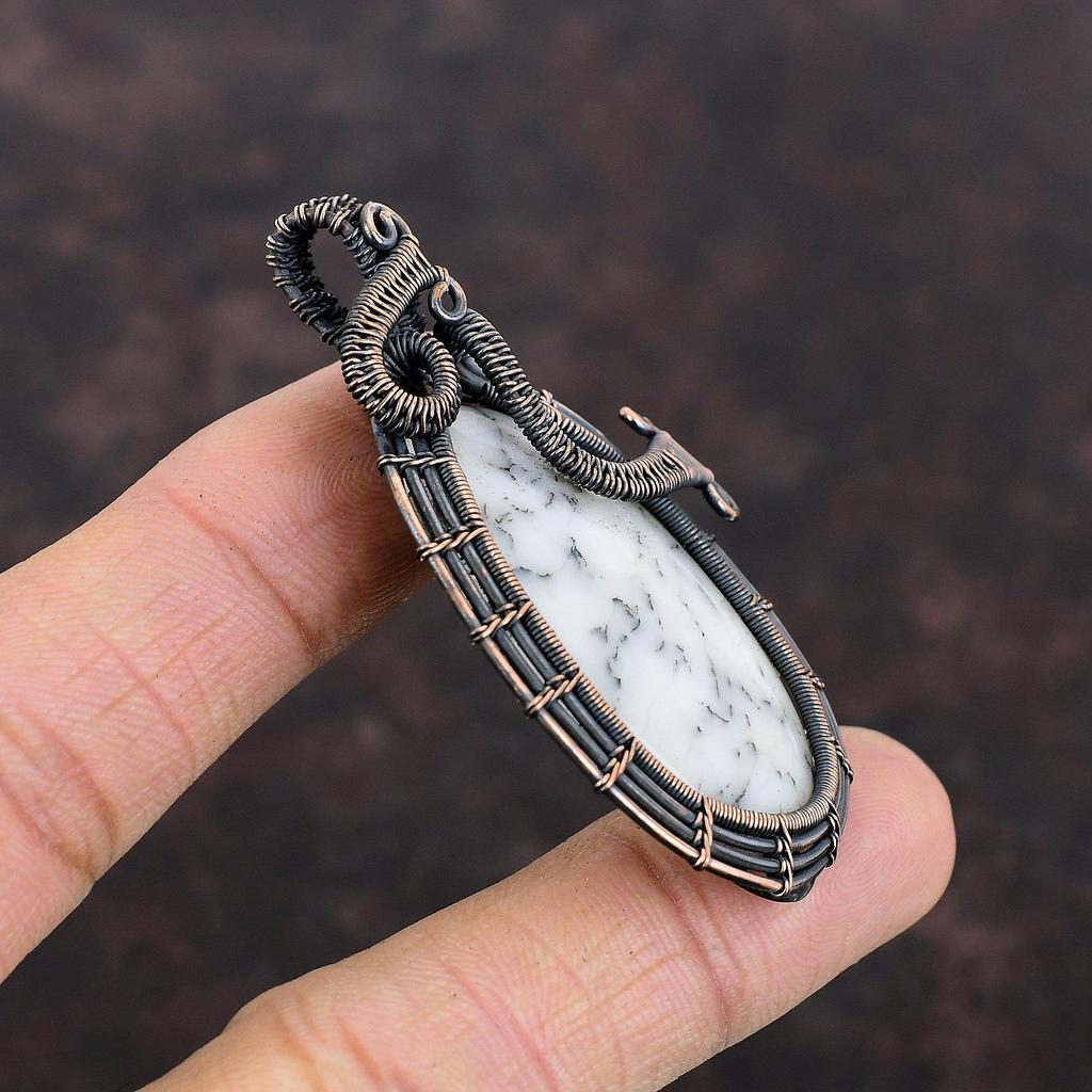 Подвеска из опала с дендритом, медная проволочная обертка, подвеска из драгоценного камня, медная дизайнерская бижутерия, подарок для него, подвеска ручной работы, проволочная обертка, ювелирные изделия