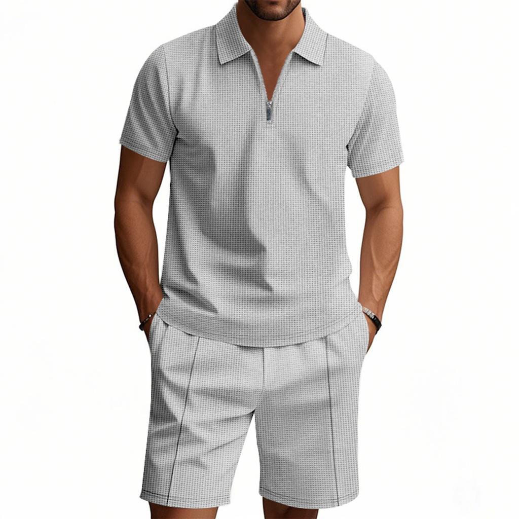 Men'S Solid Color Casual Collar Short Sleeved Shorts Two-Piece Set
