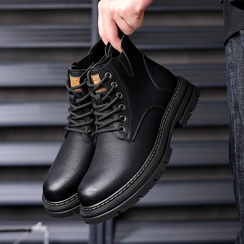 Модные осенне-зимние кожаные ботинки на платформе для мужчин в стиле ретро, дизайнерские мужские ботинки из хлопка с мягкой подошвой, модные нескользящие полусапожки для мужчин