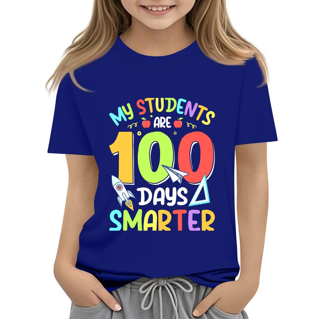 Kids Fashion Casual Short Sleeve 100 Day School Anniversary Printed Round Neck T-Shirt Top
