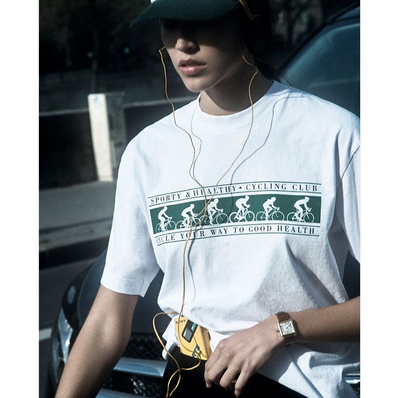 Niche American vintage Sports Style Cycling Girl Print Fitness Running Loose Cotton Shoulder Short sleeve T-shirt