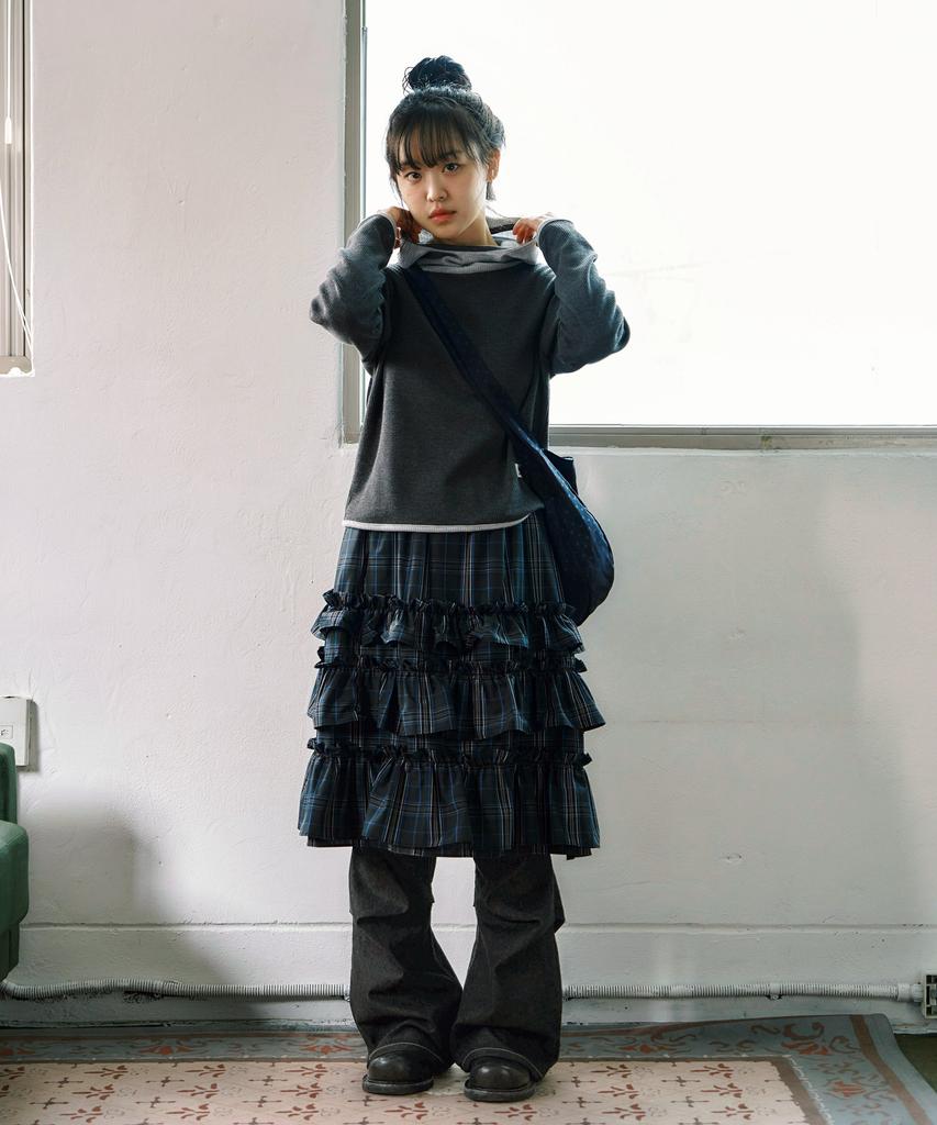 Kijiko Ke702-Frill Cancan Midi Skirt Check Navy